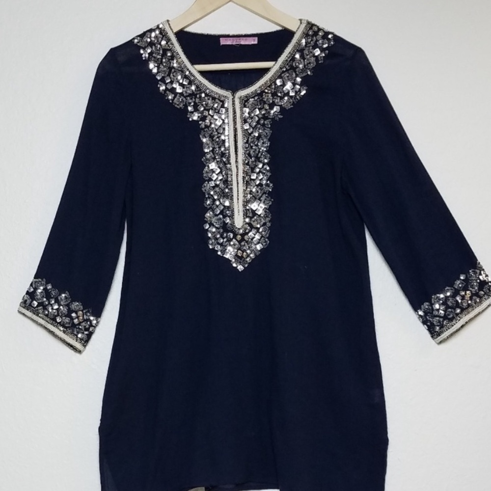 Calypso St. Barth Navy Blue Sequin Embellished Tunic Top, Size Medium